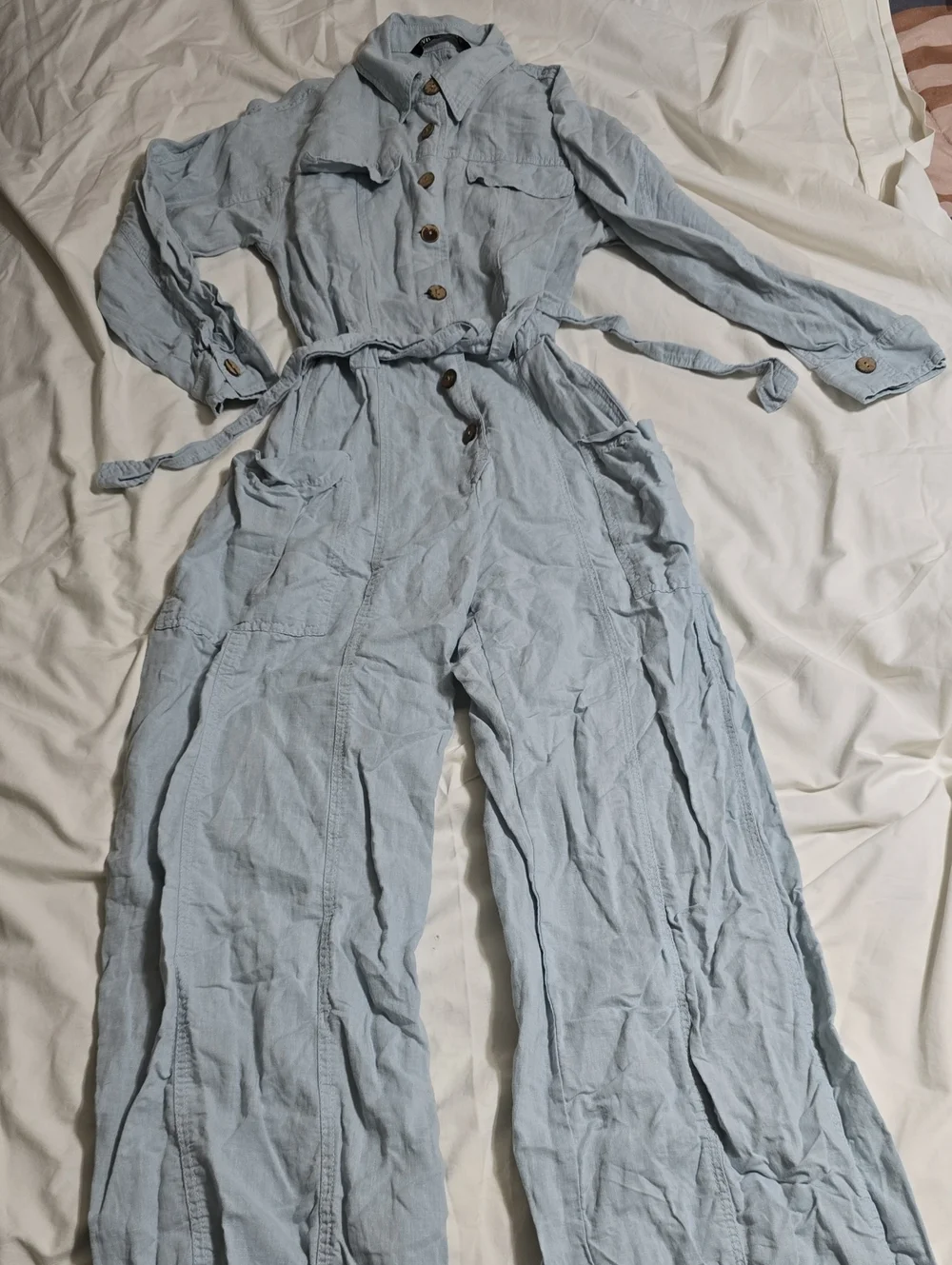 Zara Light Blue Button-Front Linen Utility Jumpsuit